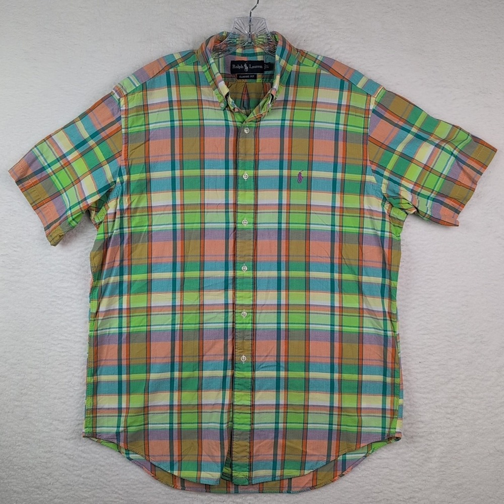 Polo Ralph Lauren Pastel Plaid Short Sleeve Button Up Shirt Madras Classic Fit L